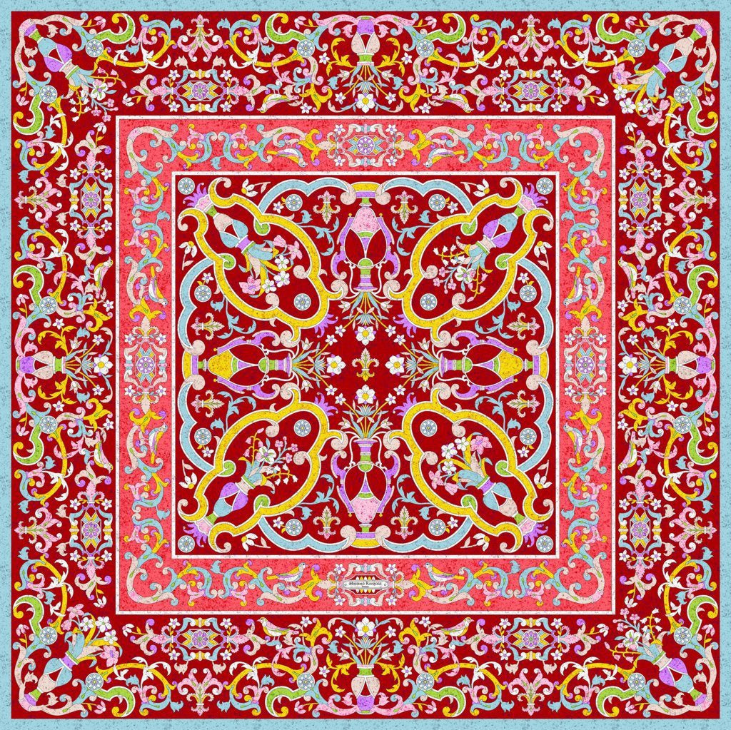 Silk Scarf – Florentine Mosaic – Red, 100x100 cm