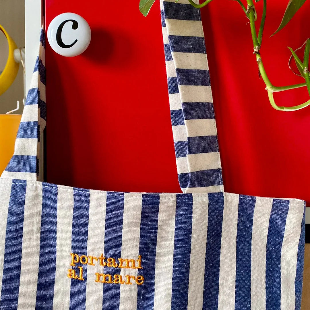 Embroidered Tote Bag - Navy Large Stripes