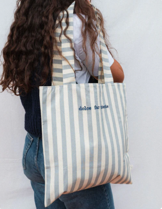 Embroidered Tote Bag - Light Blue / Aqua Large Stripes