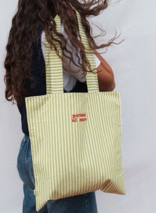 Embroidered Tote Bag - Light Green Small Stripes