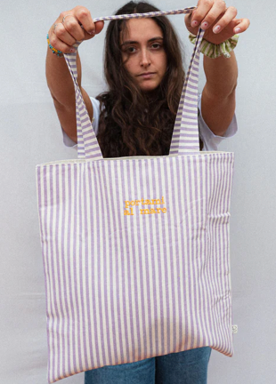 Embroidered Tote Bag - Purple Small Stripes
