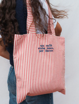 Embroidered Tote Bag - Red Small Stripes