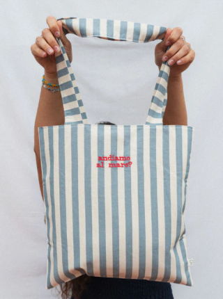 Embroidered Tote Bag - Light Blue / Aqua Large Stripes