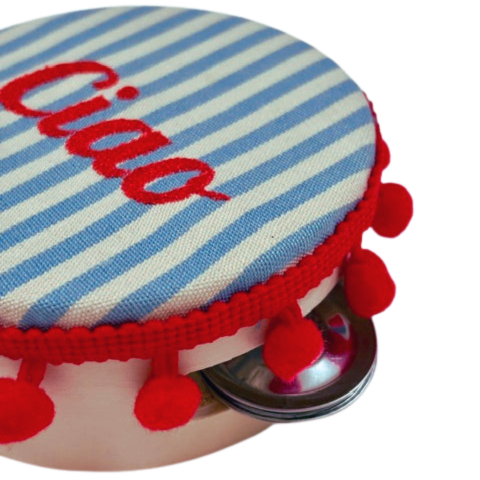 Tamburello con tessuto fantasia e ricamo, 10 cm