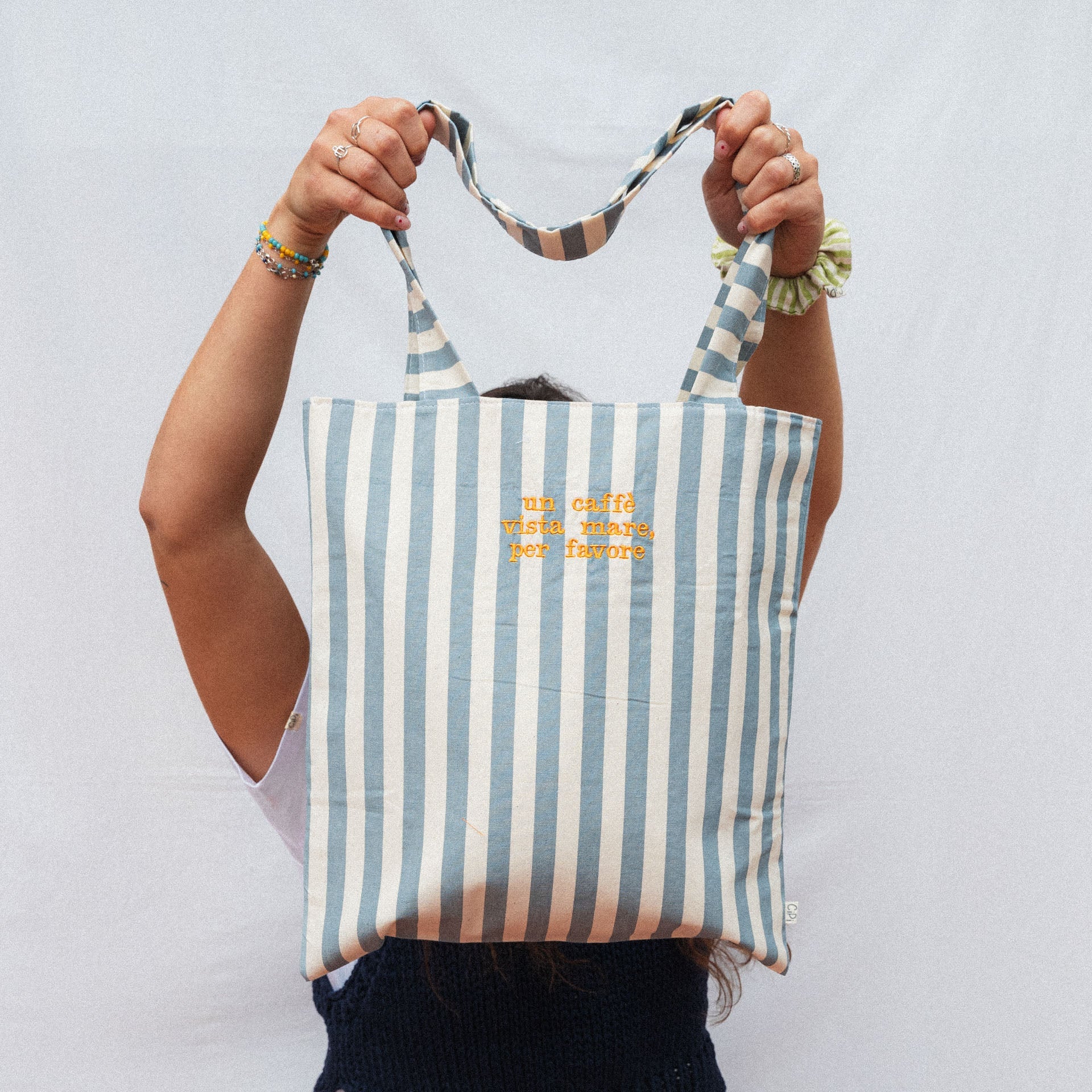 Embroidered Tote Bag - Light Blue / Aqua Large Stripes