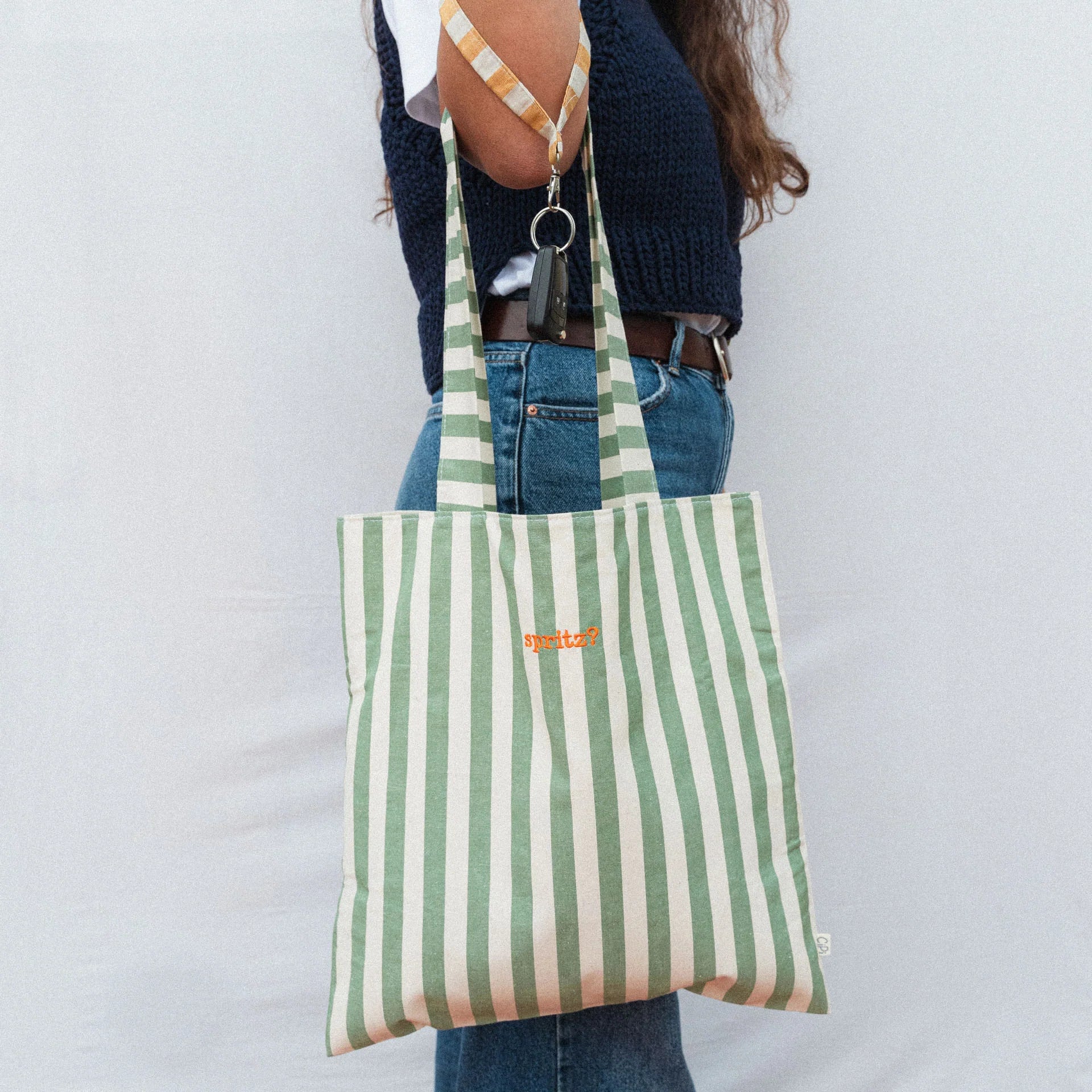 Embroidered Tote Bag - Green Large Stripes