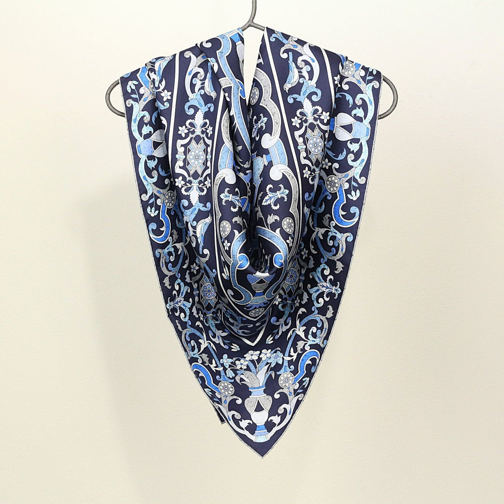 Silk Scarf – Florentine Mosaic – Navy, 100x100 cm