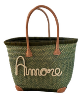 Cestini in rattan intrecciato con scritta ricamata a mano - Verde