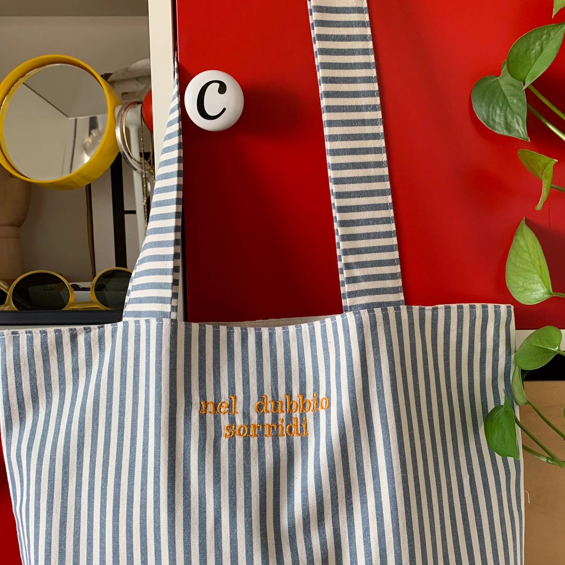 Embroidered Tote Bag - Navy Small Stripes