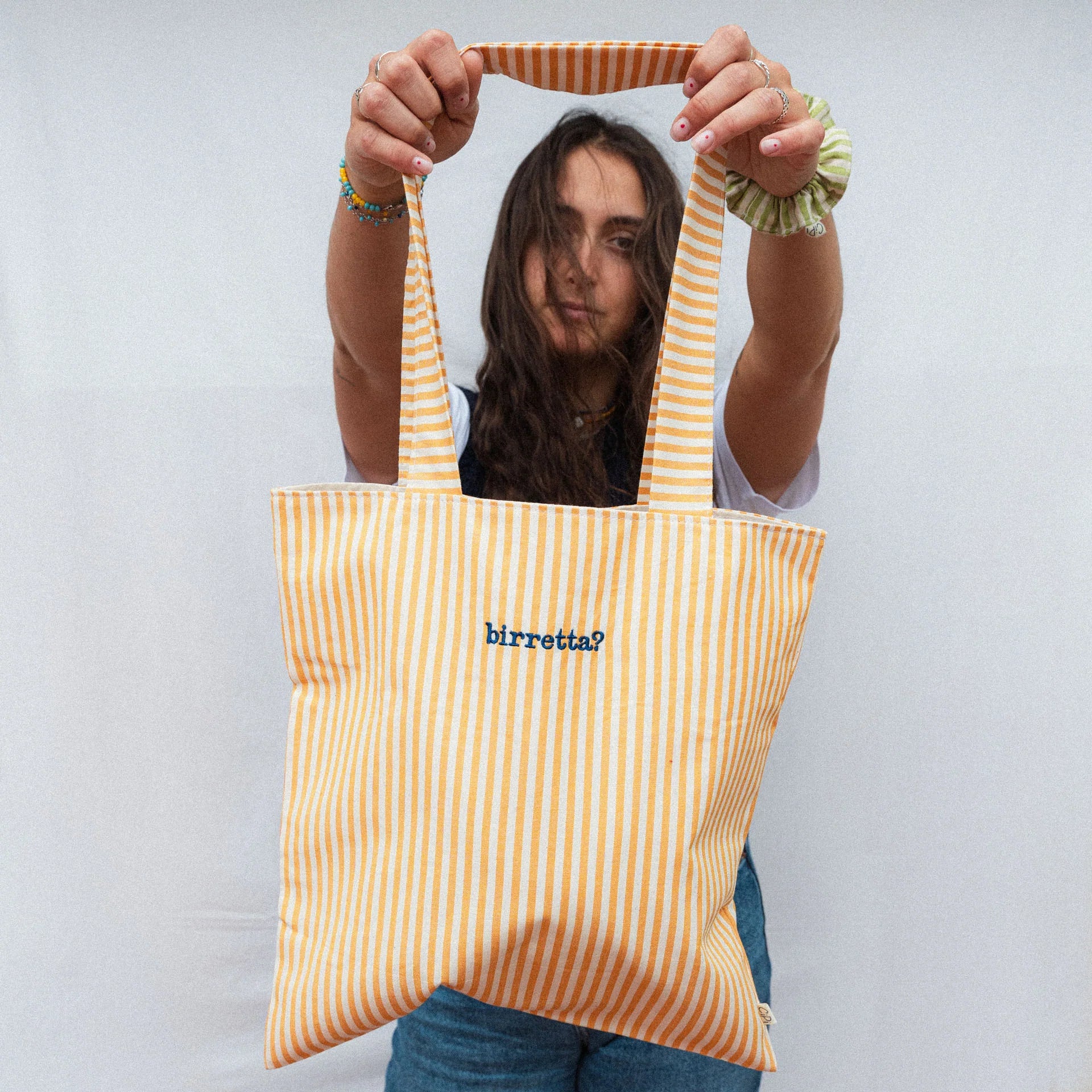 Embroidered Tote Bag - Yellow Small Stripes
