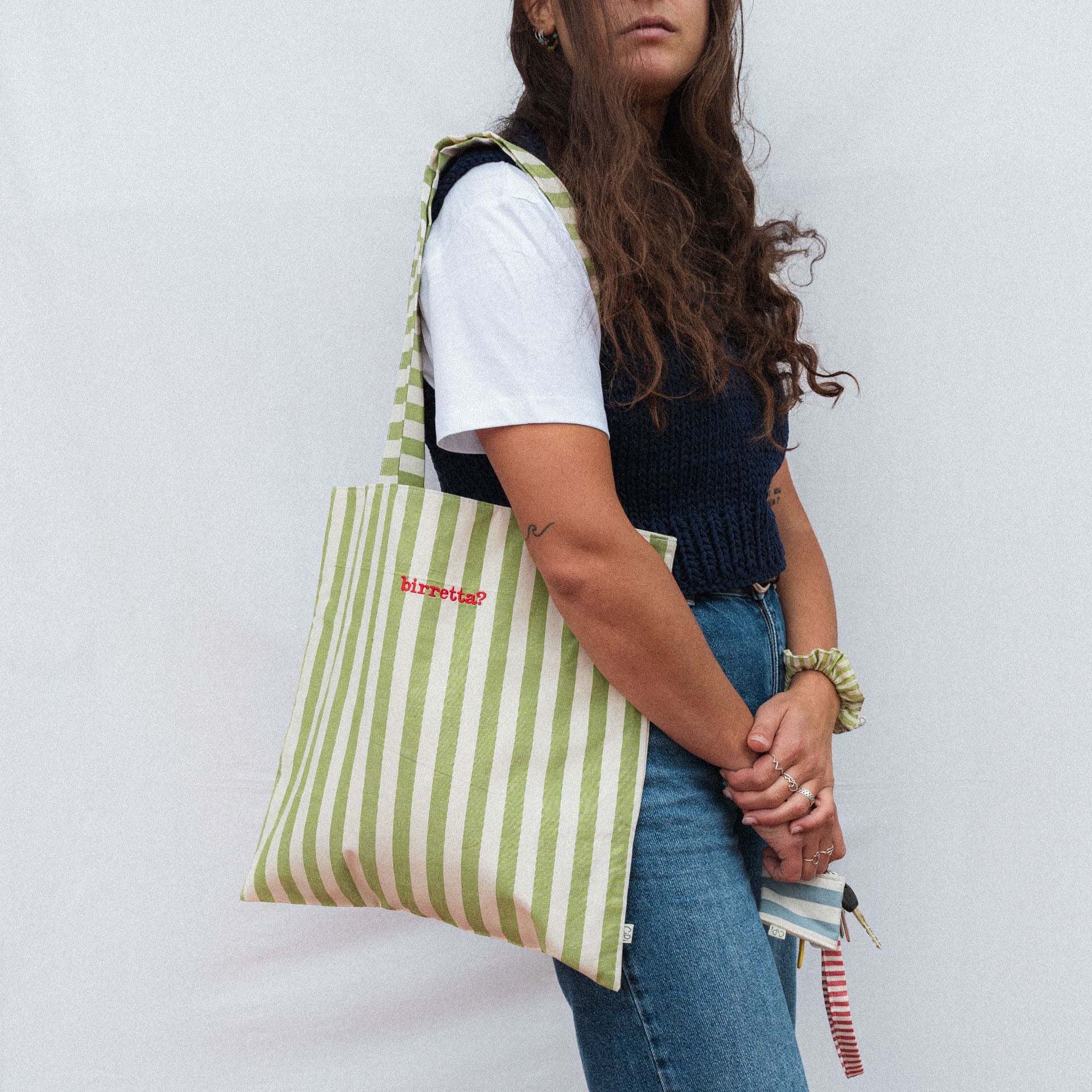 Embroidered Tote Bag - Green Large Stripes