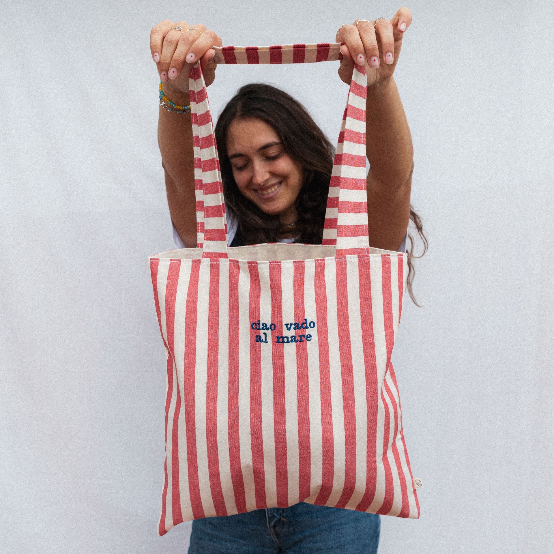 Embroidered Tote Bag - Red Large Stripes