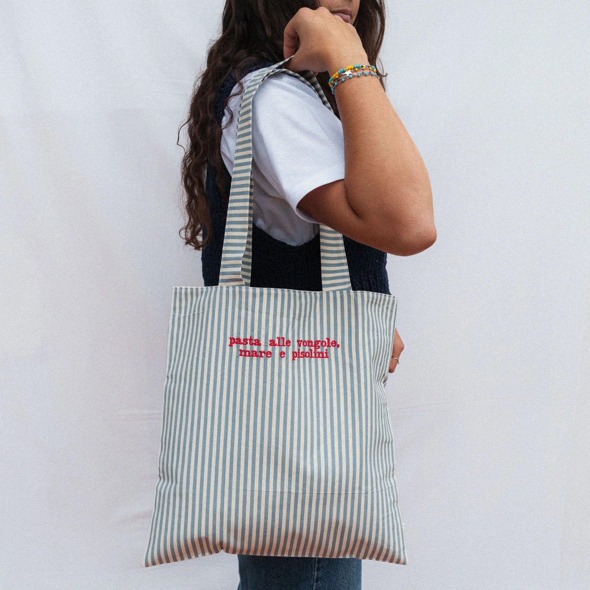 Embroidered Tote Bag - Light Blue Small Stripes